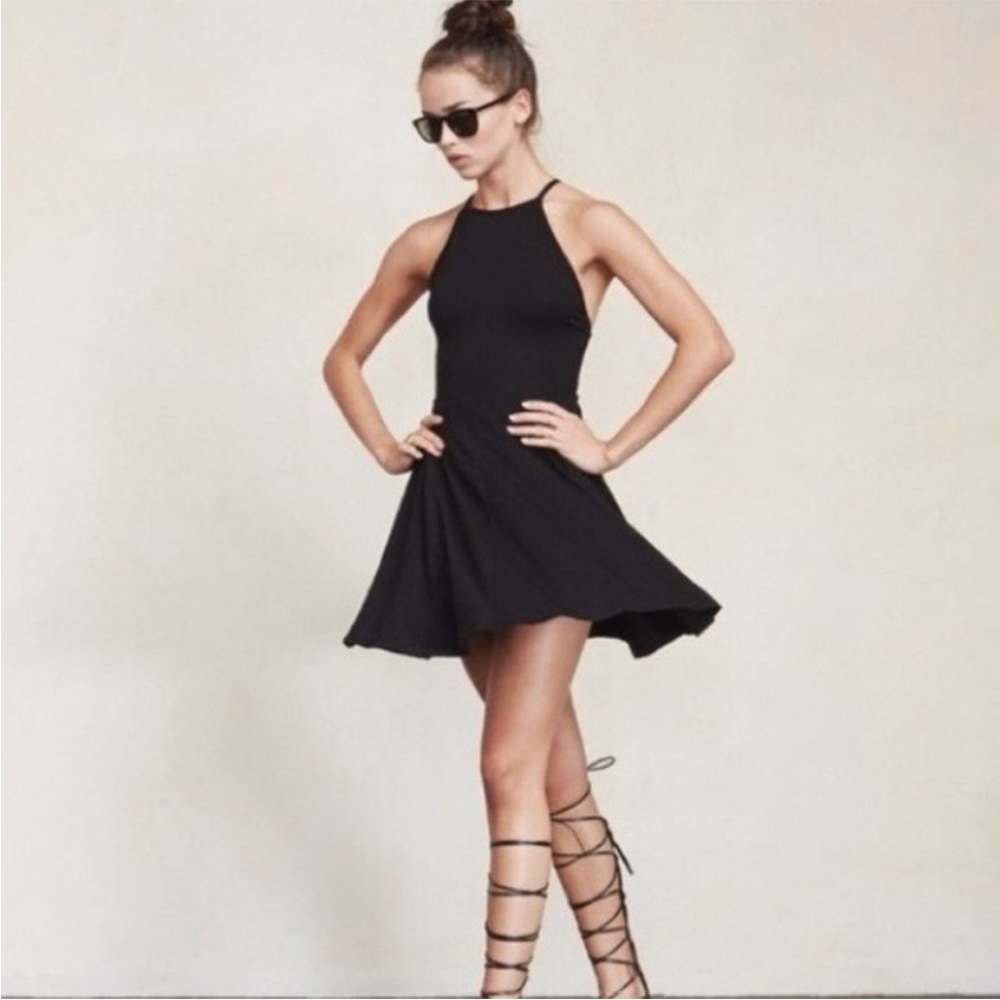 Reformation Zion Mini Lace Up Back Blackless High Neck Skater Dress Black XS